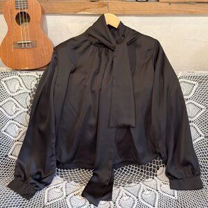 Black Satin Bow Tie Neck Puff Sleeve Blouse Top 🖤